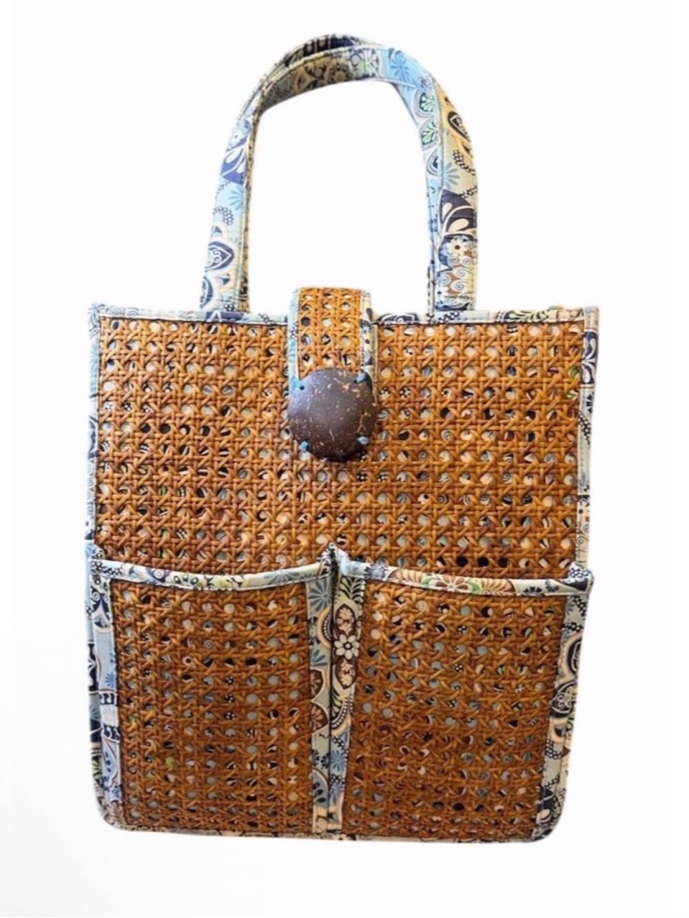 Vera Bradley Rattan Tote Beach Bag with Floral Trim